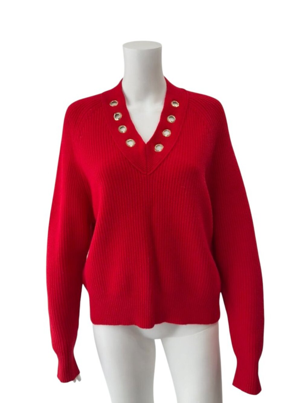 $510 zadig & voltaire Red Ribbed Knit Gold Grommet Pullover Sweater size S